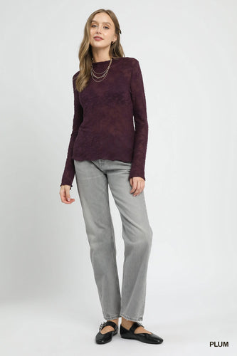 Umgee Lace Sheer Long Sleeve Top in Plum