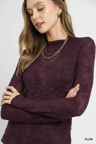 Umgee Lace Sheer Long Sleeve Top in Plum