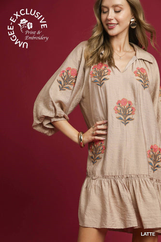 Umgee Embroidered Floral Boho Ruffle Hem Dress