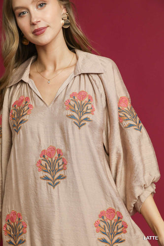 Umgee Embroidered Floral Boho Ruffle Hem Dress