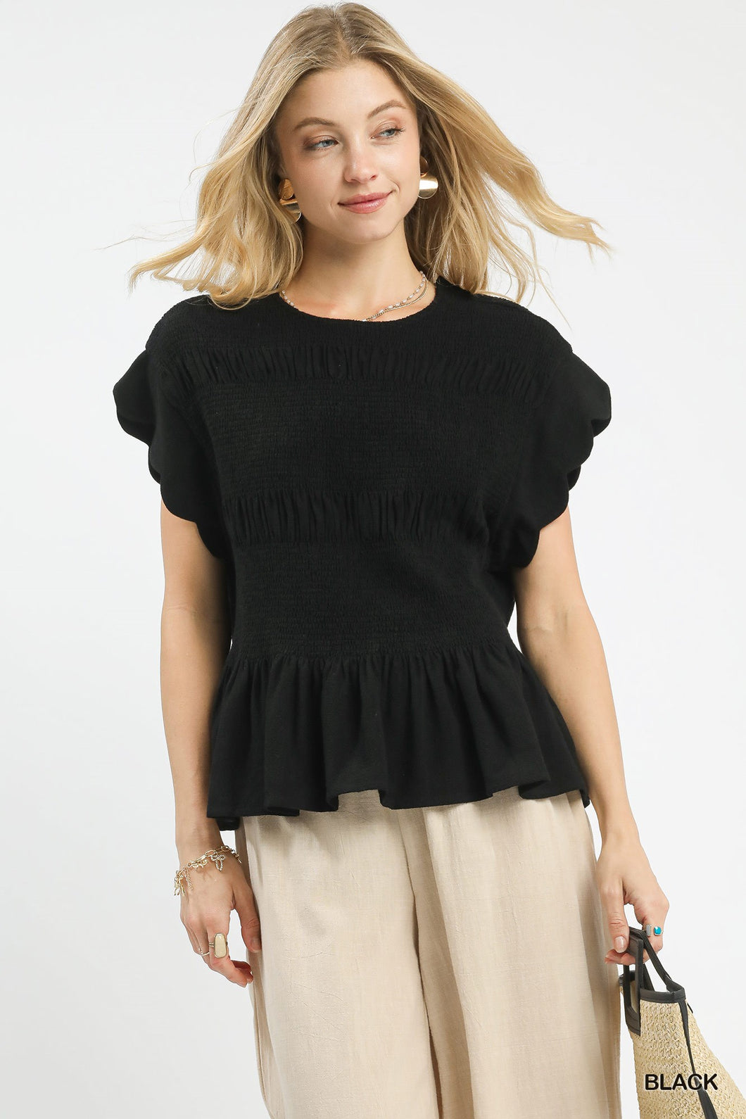 Umgee Linen Blend Smocked Peplum Top in Black