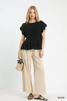 Umgee Linen Blend Smocked Peplum Top in Black