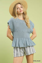 Umgee Linen Blend Smocked Peplum Top in Steel Blue