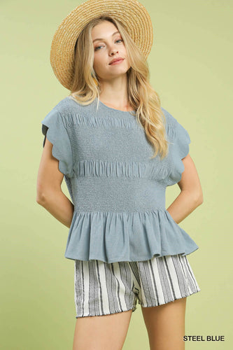 Umgee Linen Blend Smocked Peplum Top in Steel Blue