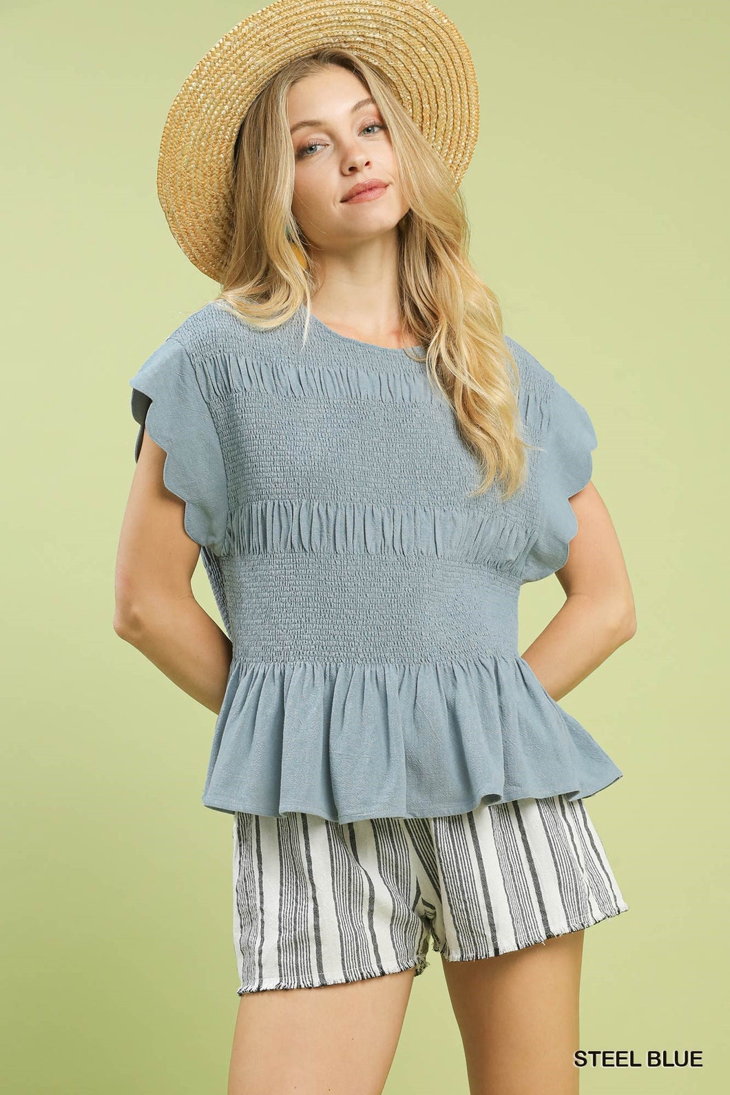 Umgee Linen Blend Smocked Peplum Top in Steel Blue