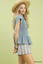 Umgee Linen Blend Smocked Peplum Top in Steel Blue