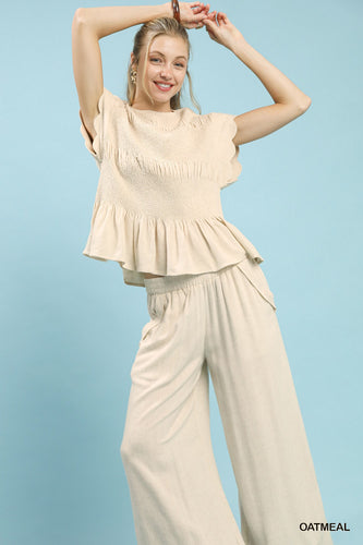 UMGEE Linen Blend Smocked Peplum Top in Oatmeal