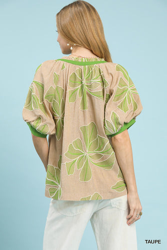 Umgee Embroidered V-Neck Top in Taupe