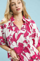 Umgee Floral Print V-Neck Top in Fuchsia Mix