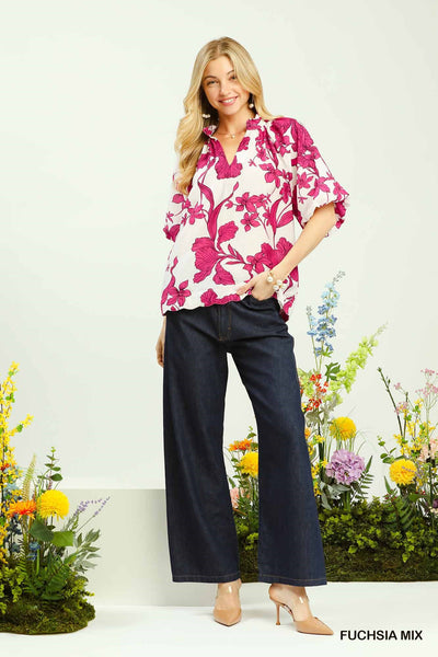 Umgee Floral Print V-Neck Top in Fuchsia Mix