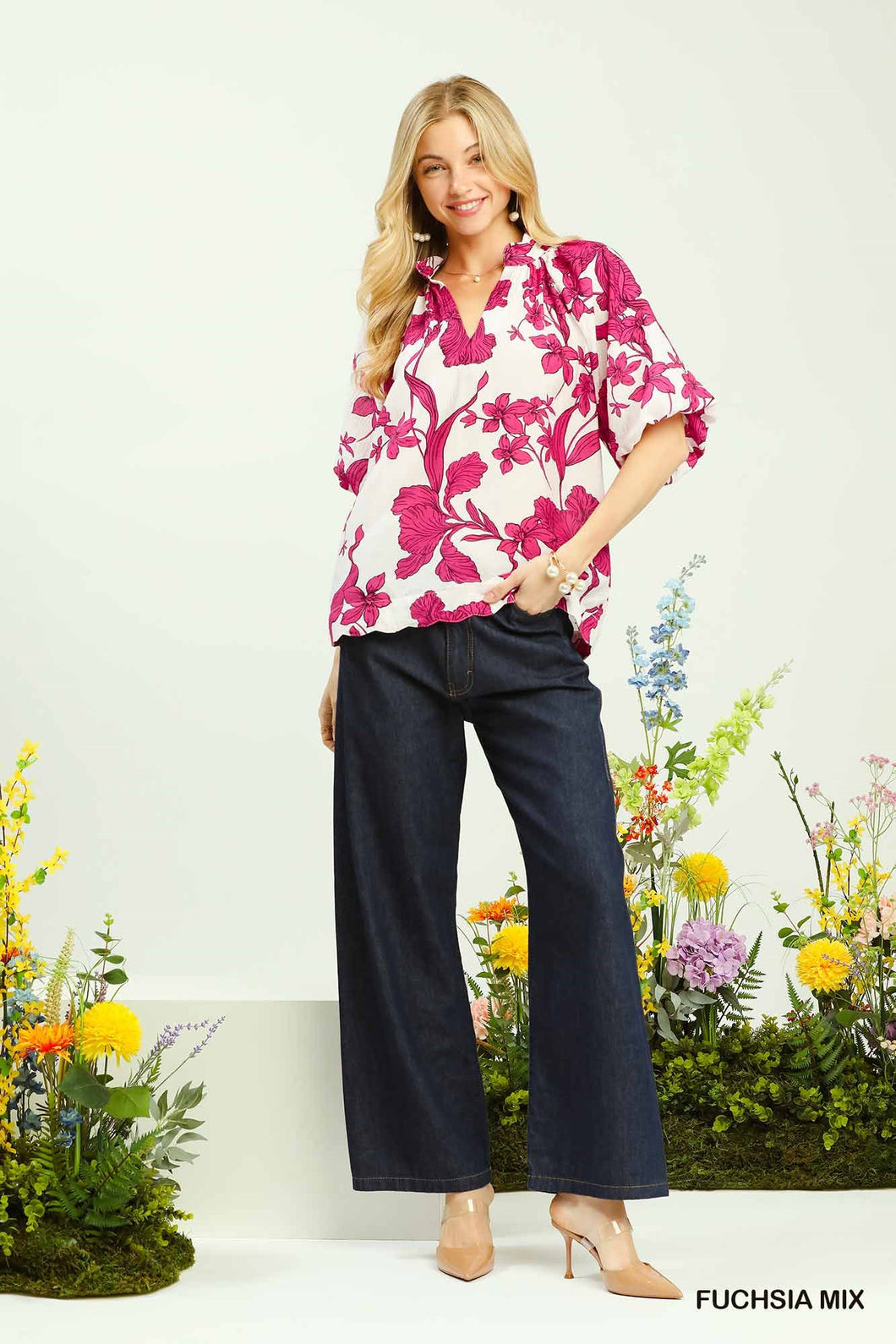 Umgee Floral Print V-Neck Top in Fuchsia Mix