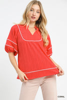 Umgee Textured Top with Contrast Trim in Coral