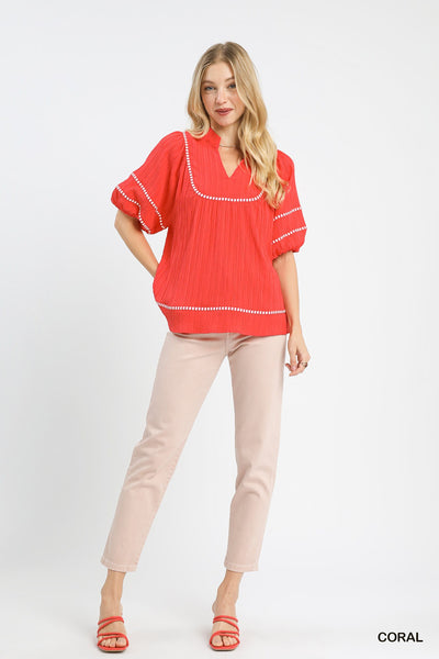 Umgee Textured Top with Contrast Trim in Coral