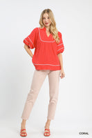 Umgee Textured Top with Contrast Trim in Coral