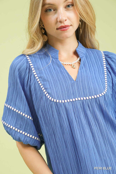 Umgee Textured Top with Contrast Trim in Peri Blue