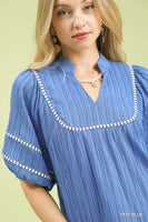 Umgee Textured Top with Contrast Trim in Peri Blue