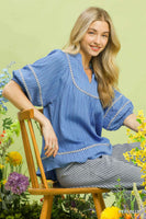 Umgee Textured Top with Contrast Trim in Peri Blue
