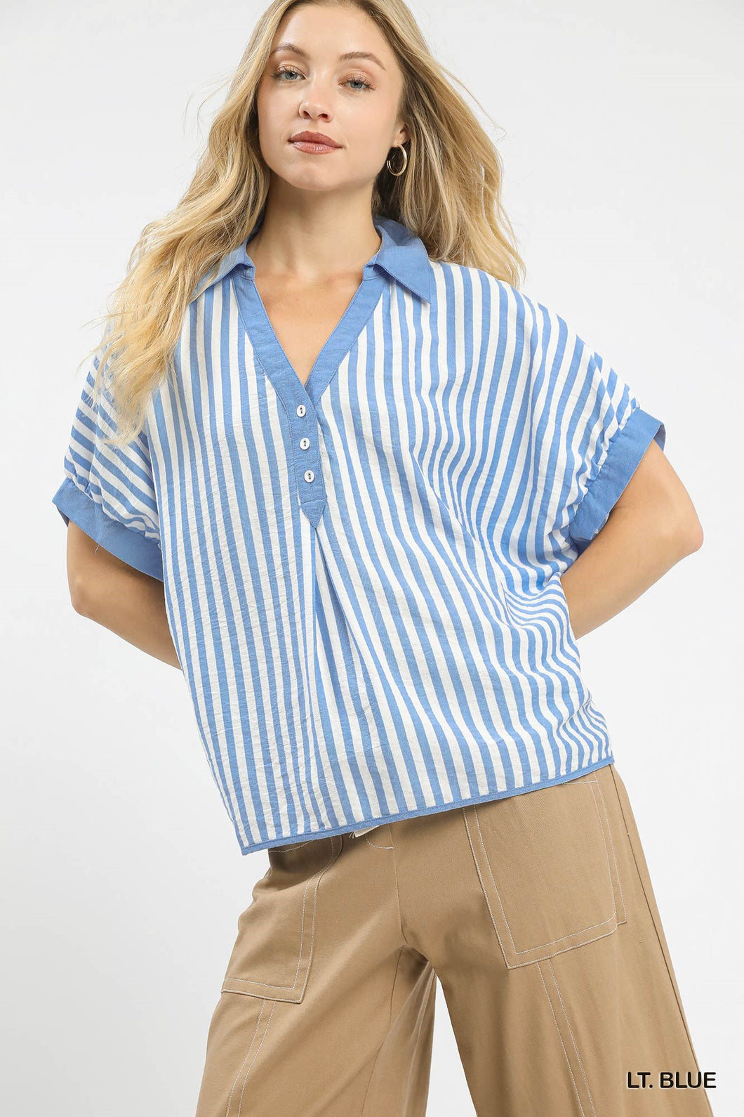 Umgee Stripe Collared Oversized Top Light Blue