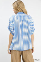 Umgee Stripe Collared Oversized Top Light Blue
