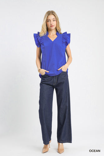 Umgee Textured Ruffle Sleeve V-Neck Blouse in Ocean Blue