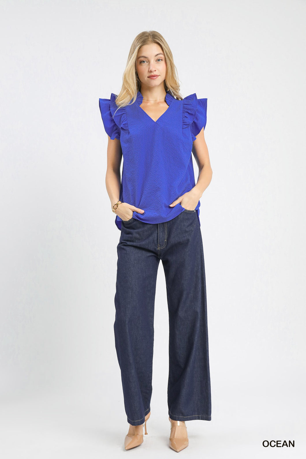 Umgee Textured Ruffle Sleeve V-Neck Blouse in Ocean Blue