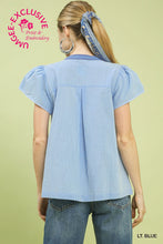 Umgee Abstract Applique Split Neck Top in Light Blue