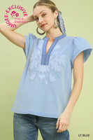 Umgee Abstract Applique Split Neck Top in Light Blue