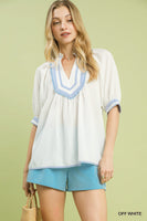Umgee Textured Jacquard Contrast Trim Top in Off White