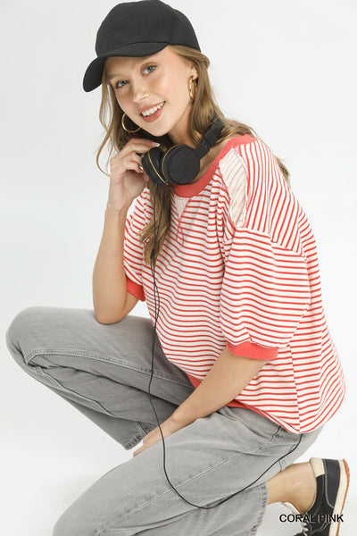Umgee Striped Knit Short Sleeve Casual Top in Coral Pink
