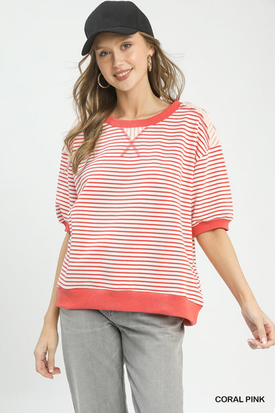 Umgee Striped Knit Short Sleeve Casual Top in Coral Pink