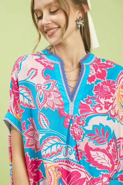 Umgee Abstract Print Oversized Top in Blue