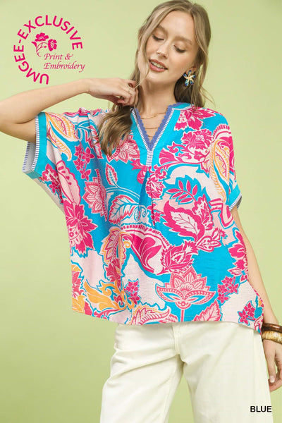 Umgee Abstract Print Oversized Top in Blue