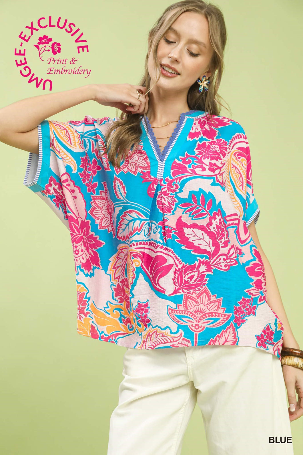 Umgee Abstract Print Oversized Top in Blue