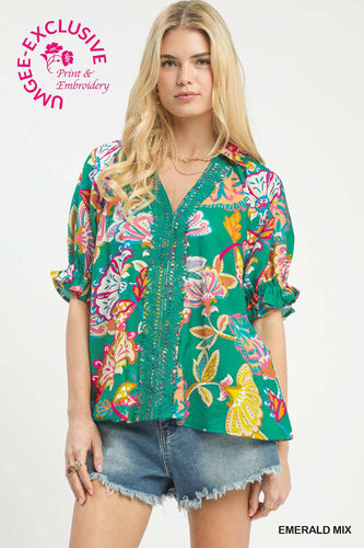 Umgee Paisley Boho Top in Emerald Green