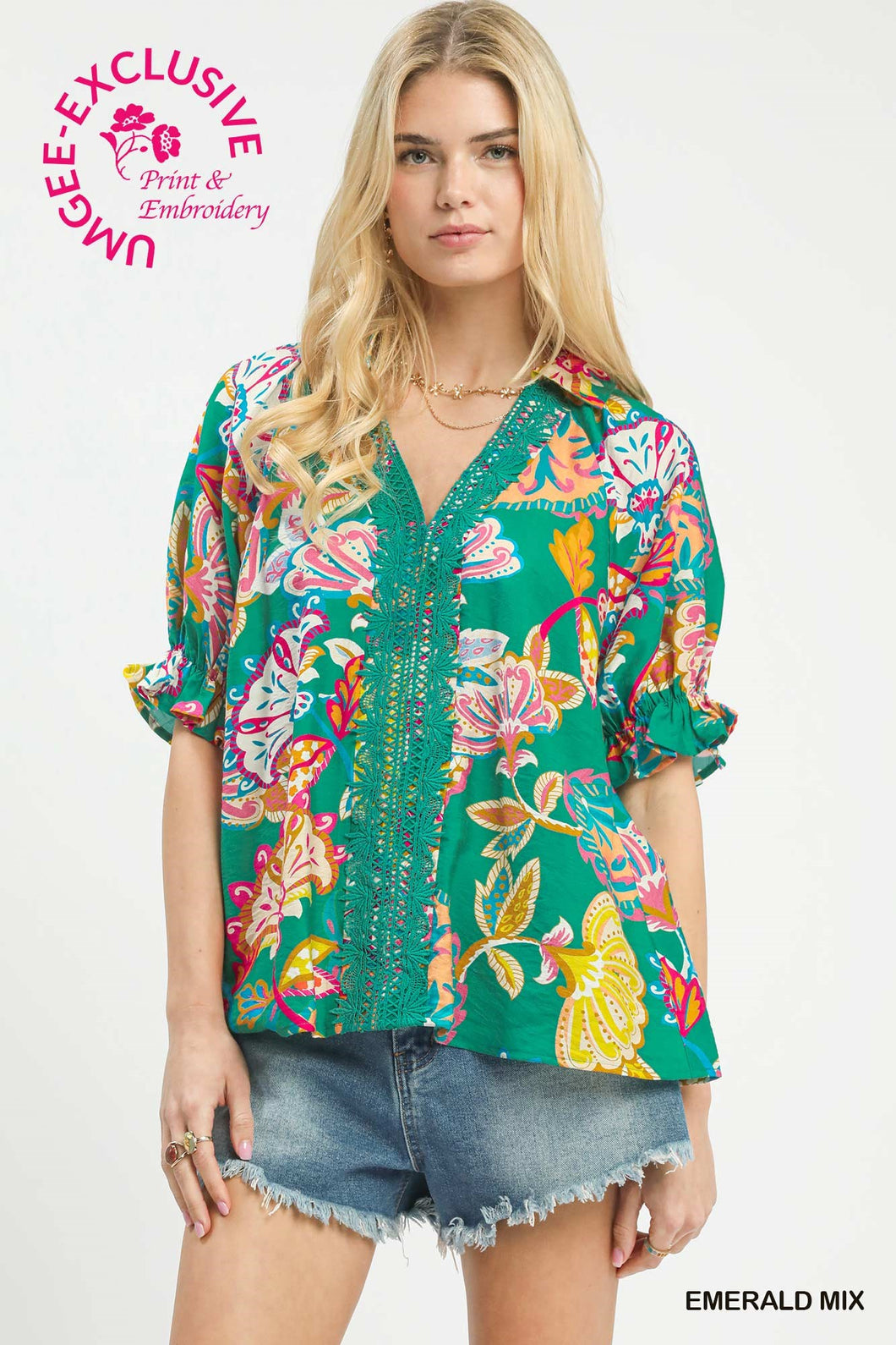 Umgee Paisley Boho Top in Emerald Green