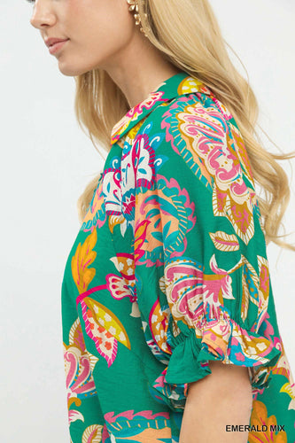 Umgee Paisley Boho Top in Emerald Green