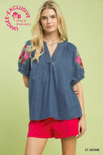 UMGEE Denim Embroidered Puff Sleeve Boho Top