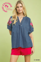 UMGEE Denim Embroidered Puff Sleeve Boho Top