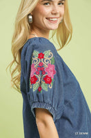 UMGEE Denim Embroidered Puff Sleeve Boho Top