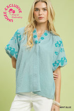 Umgee Embroidered Textured Flutter Sleeve Top in Mint Blue