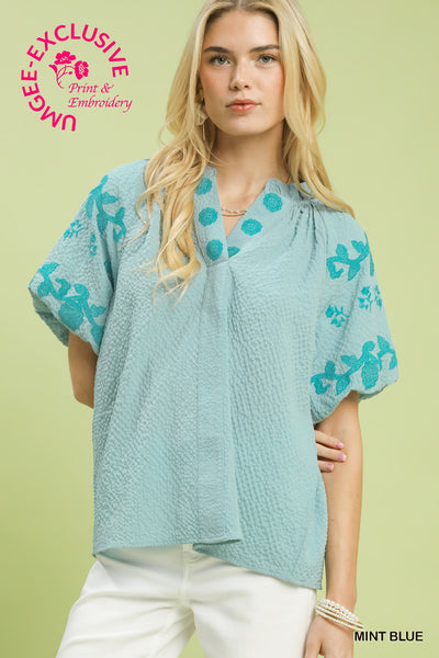 Umgee Embroidered Textured Flutter Sleeve Top in Mint Blue