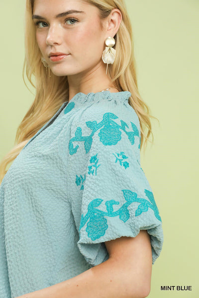 Umgee Embroidered Textured Flutter Sleeve Top in Mint Blue
