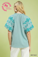 Umgee Embroidered Textured Flutter Sleeve Top in Mint Blue