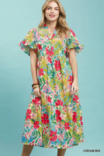 Umgee Tropical Floral Ruffle Sleeve Tiered Midi Dress