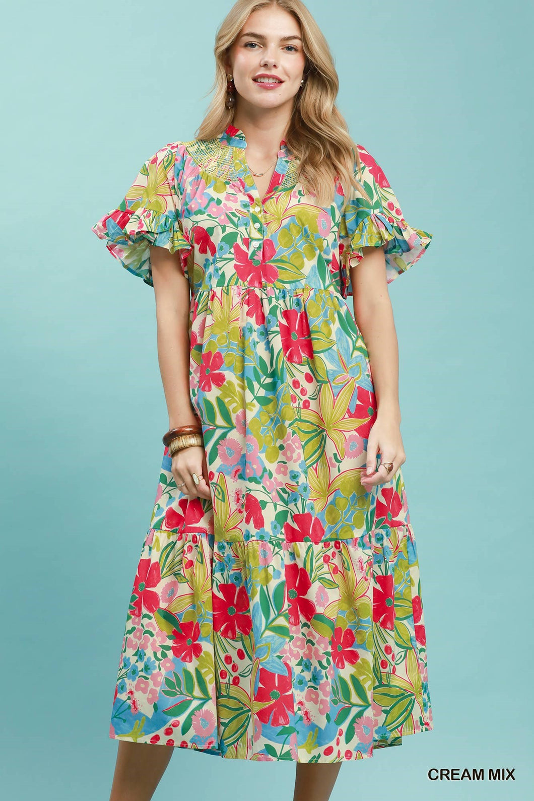 Umgee Tropical Floral Ruffle Sleeve Tiered Midi Dress J. Spencer Umgee Tropical Floral Ruffle Sleeve Tiered Midi Dress J. Spencer