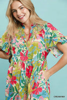 Umgee Tropical Floral Ruffle Sleeve Tiered Midi Dress