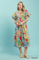 Umgee Tropical Floral Ruffle Sleeve Tiered Midi Dress
