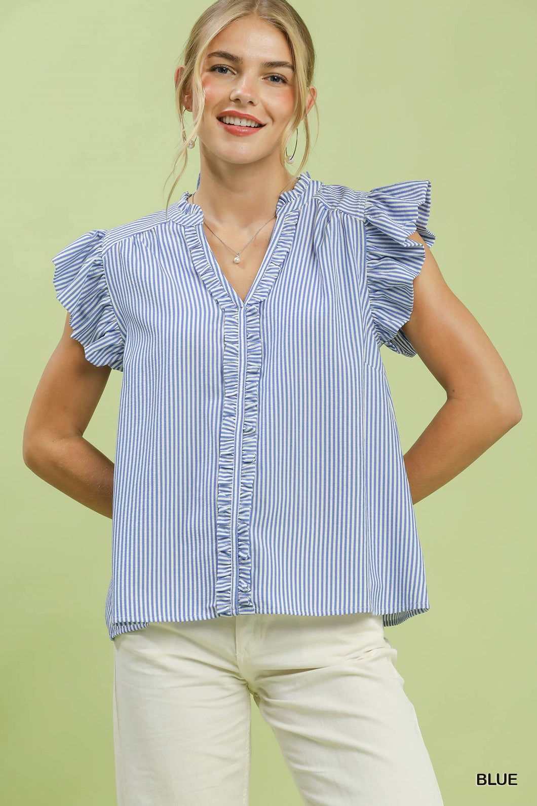 UMGEE Stripe Ruffle Top in Blue