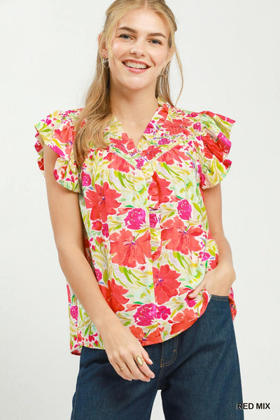 UMGEE Smocked Yoke Ruffle Sleeve Floral Blouse