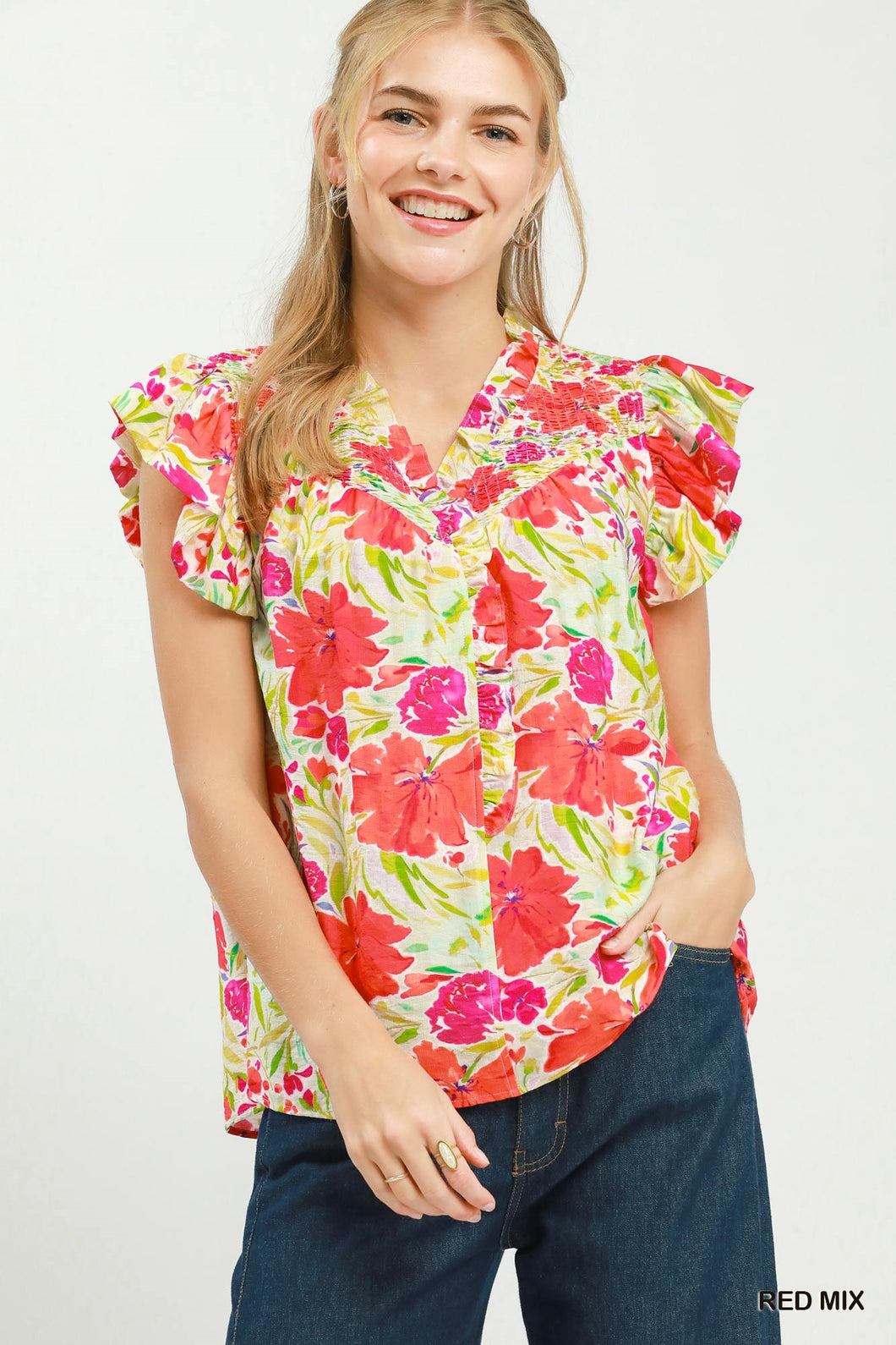UMGEE Smocked Yoke Ruffle Sleeve Floral Blouse